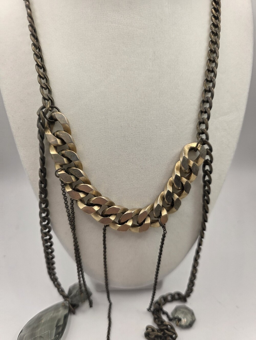 ​Marquis & Camus Vintage Brass Curb Chain Necklace – Smoky Grey Crystal Drops